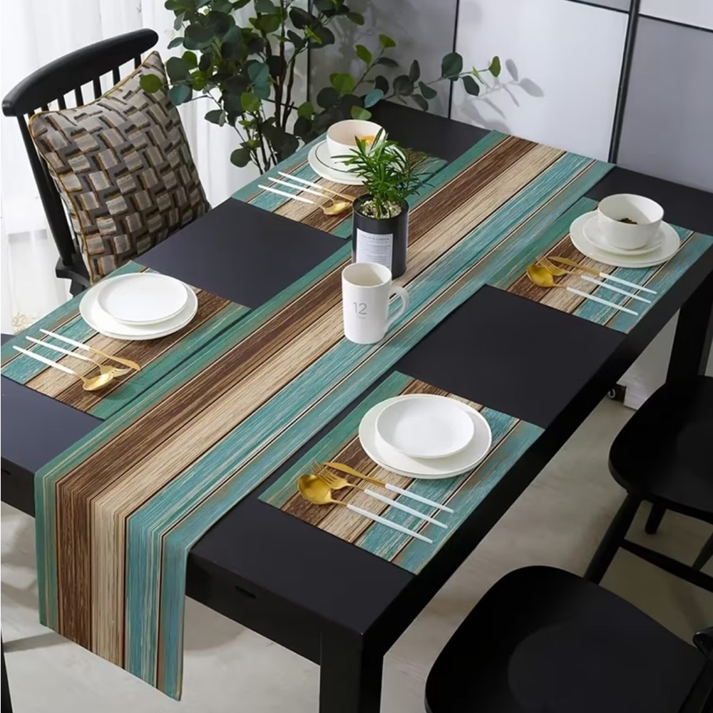 Barn Wood Brown Teal Table Runner - Farm House Style ~ Linen